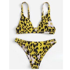 Yellow & Black Animal Print (Reversible) Bikini with Baby Pink Flowers, Size L